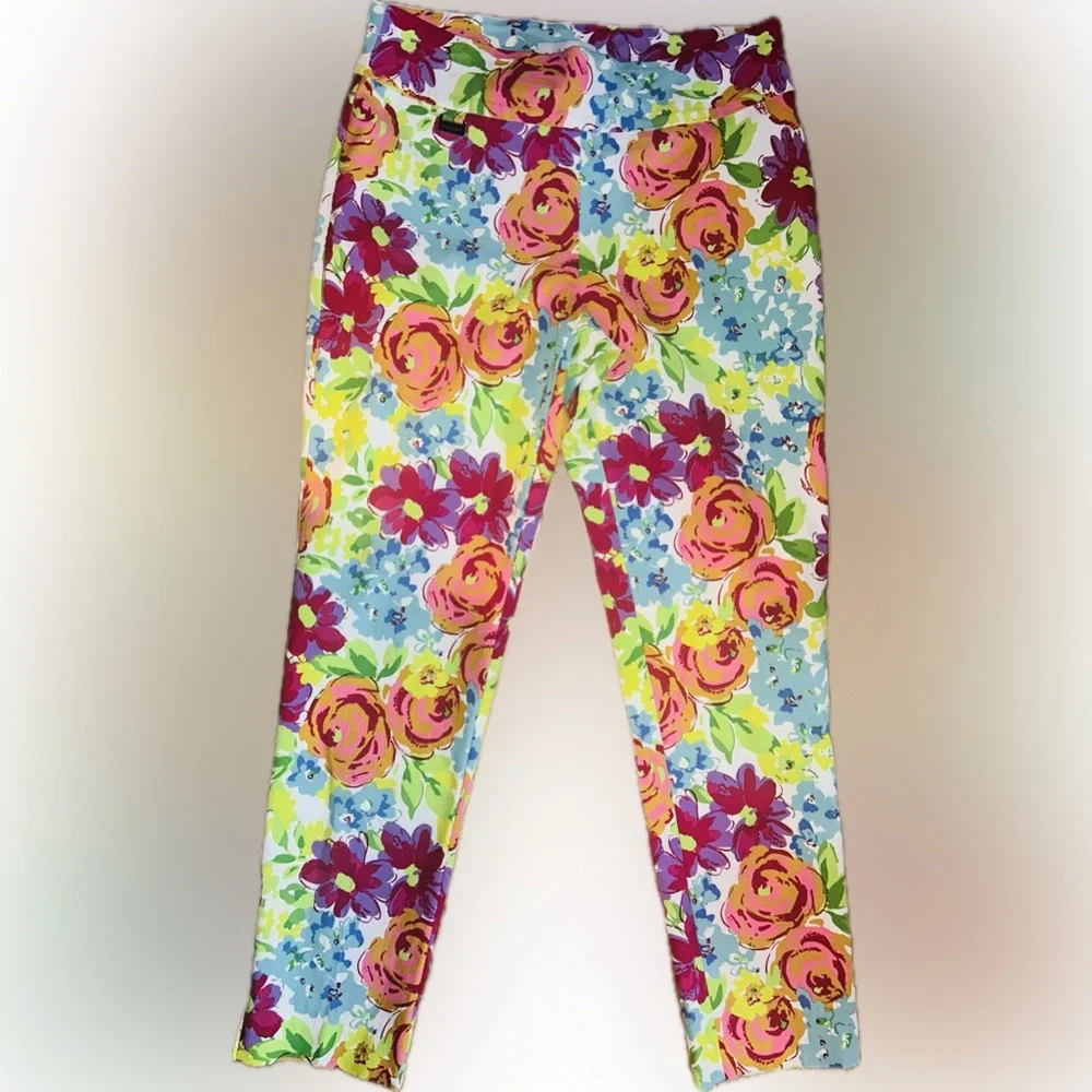 LN Peck & Peck SZ 8 White Floral Cropped Multi-Color Pull-on Pants/waist 30”-34” - Picture 2 of 8